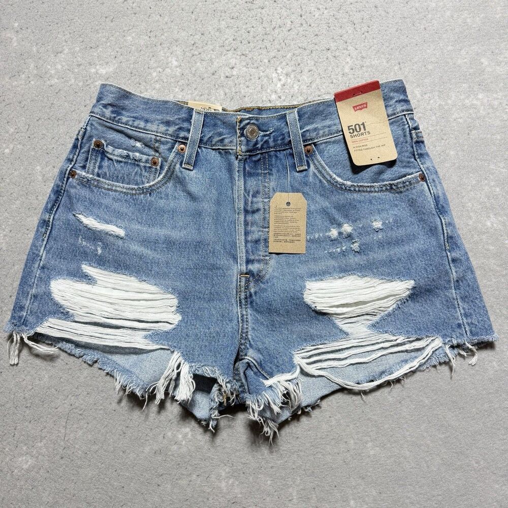 Levis 501 Women's Denim Shorts Blue 29 High Rise Distressed Cutoff Frayed Hem